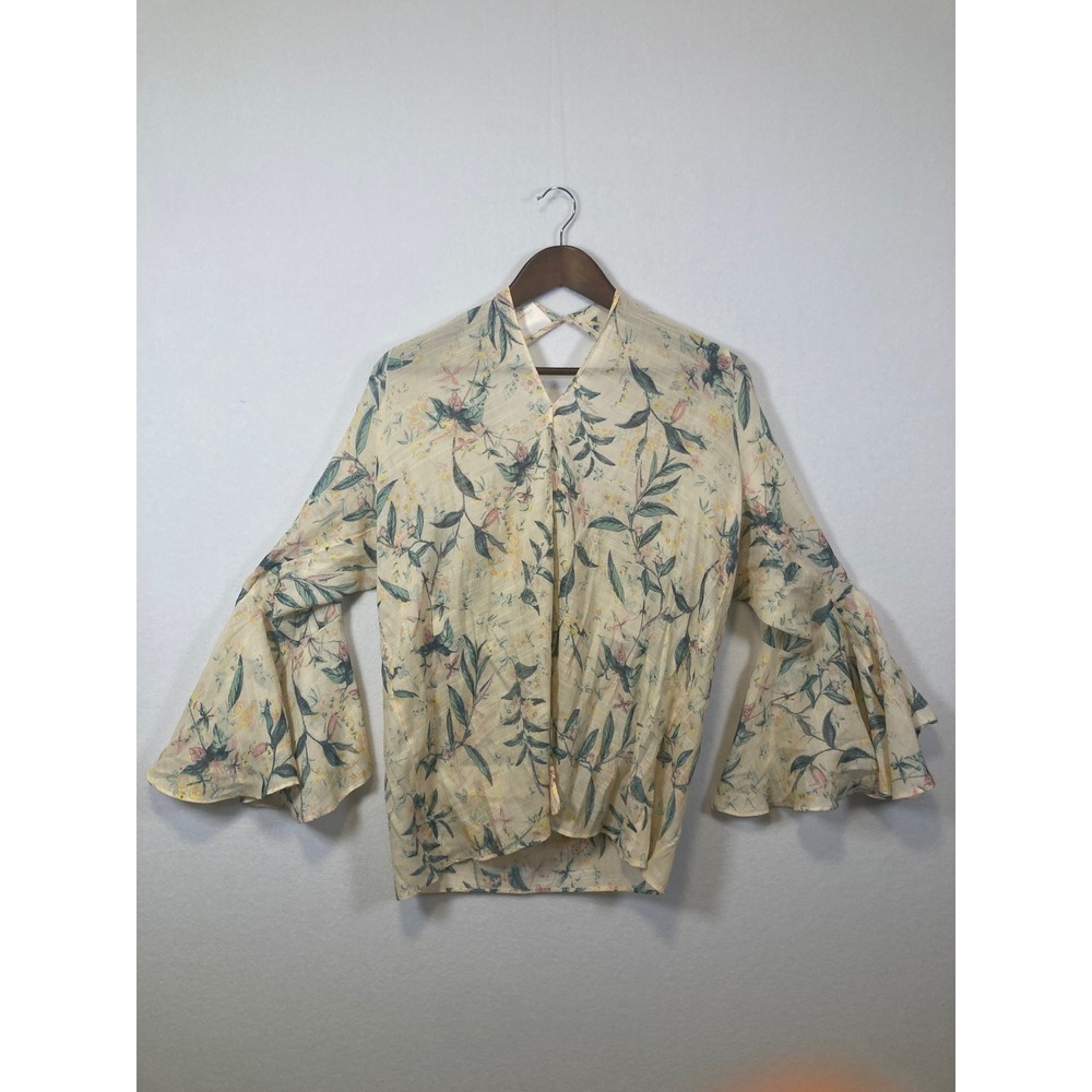Lauren Conrad Floral Print Bell Sleeve V Neck Blouse Women XL Cream Pink Green